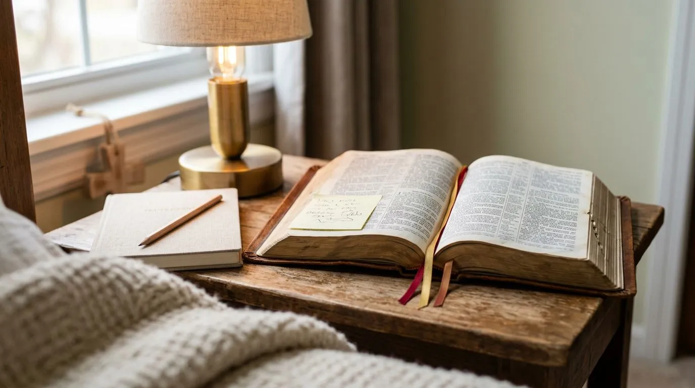 Open Bible beside a prayer journal, symbolizing the first verses Christians often turn to during anxiety.