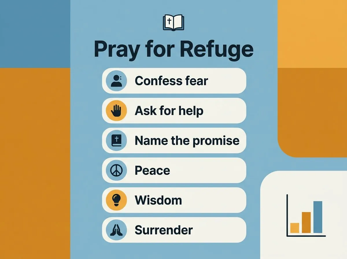 A simple step-by-step prayer pattern to ask God to be your refuge now, with minimal icons and labeled steps.