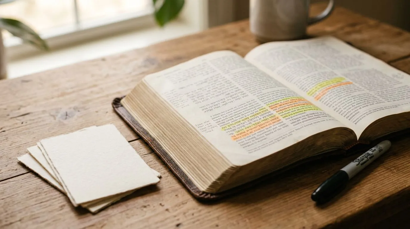 Close-up of an open Bible and prayer items in warm morning light.