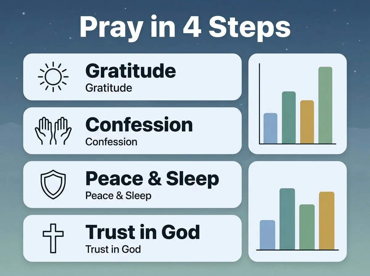 Infographic showing a four-step order for praying before bed: gratitude, confession, peace and sleep, and trust in God.