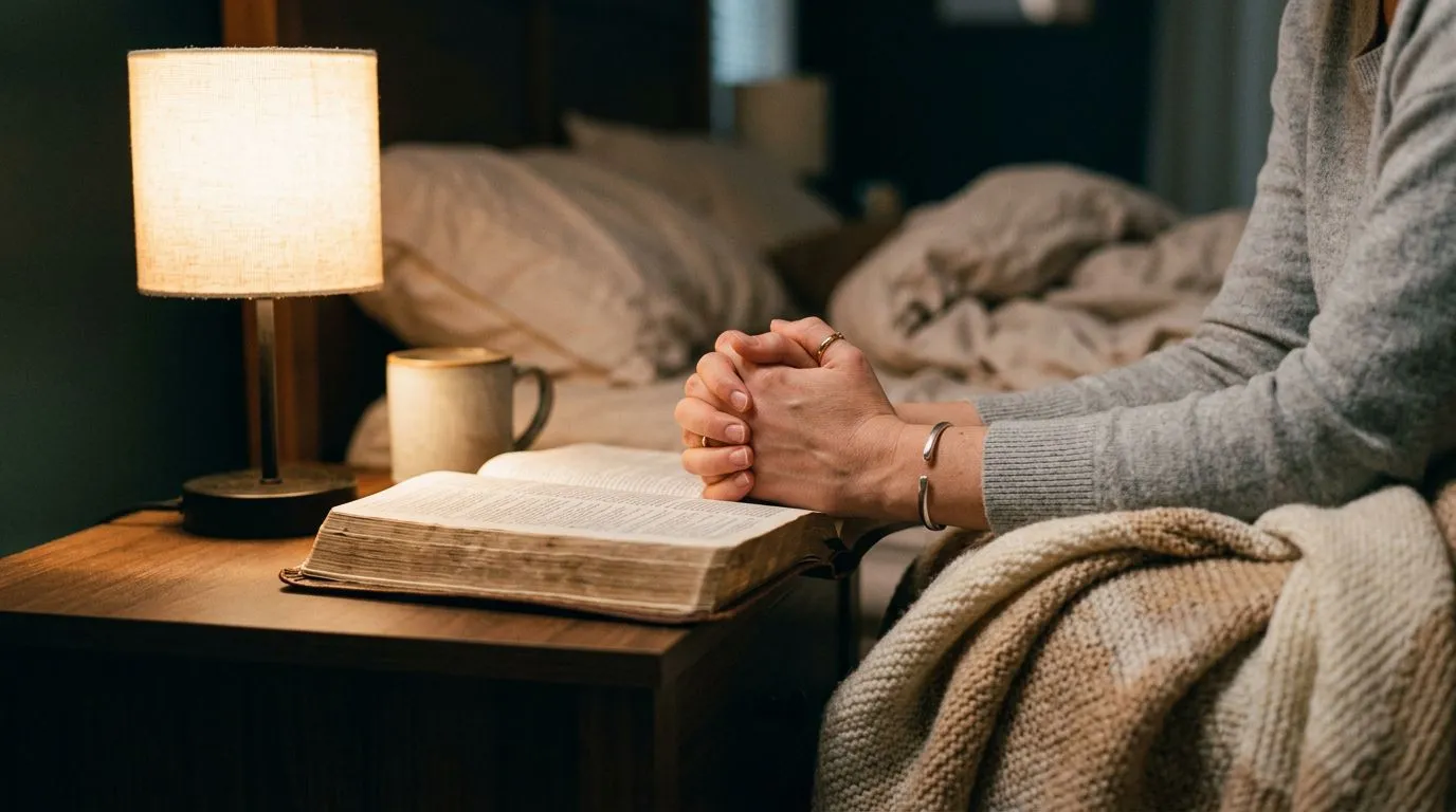 Clasped hands in prayer beside an open Bible on a nightstand, creating a calm moment for God’s protection.