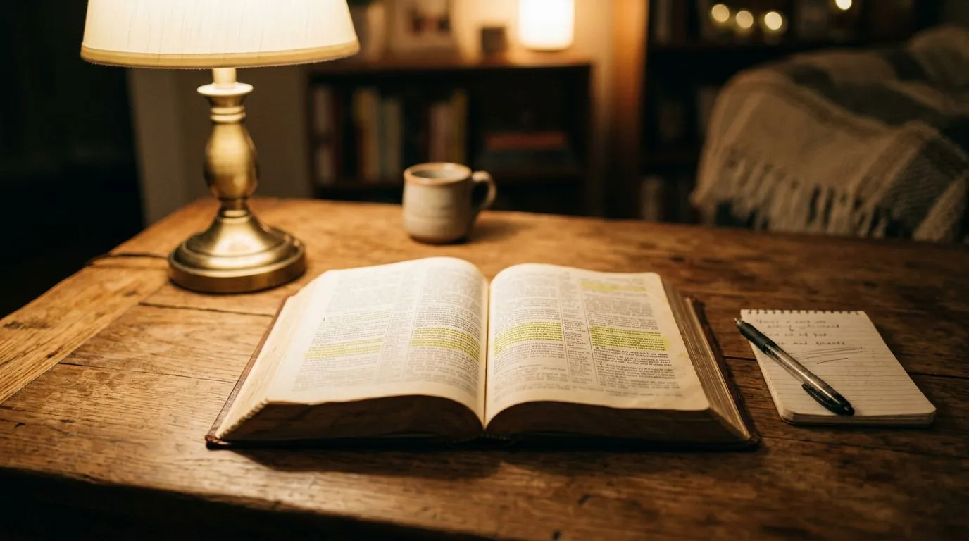 Open Bible with a pen and notebook for praying over your home.
