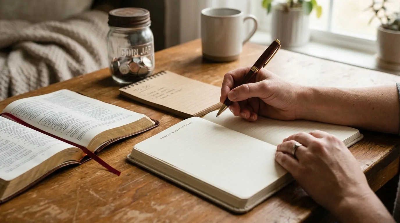 Hands writing a prayer in a notebook next to a Bible, no identifiable faces, no text.