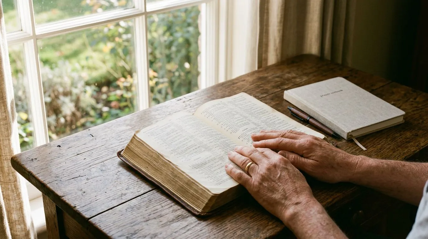 Realistic image of an open Bible on a desk with quiet morning light and prayer items.