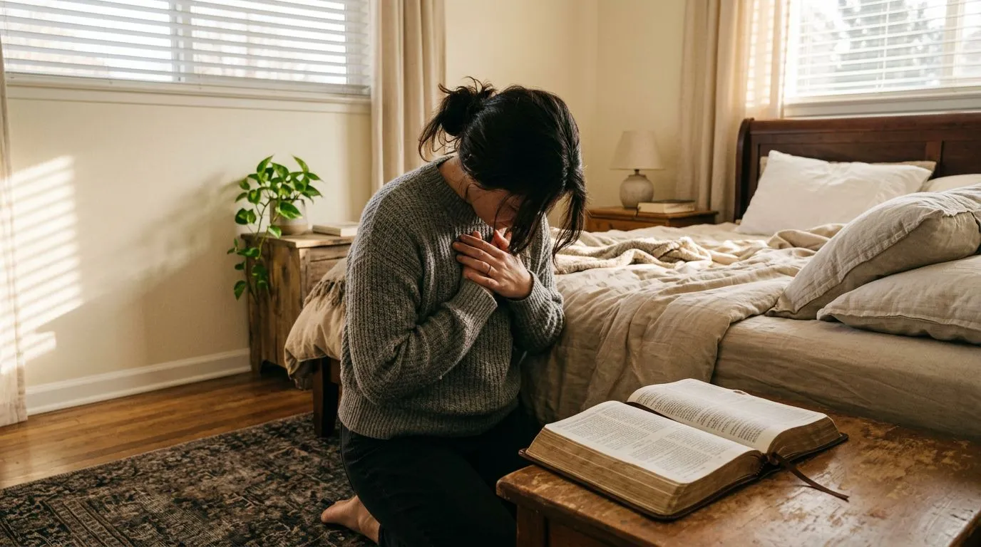 Kneeling prayer moment with an open Bible in gentle morning light.