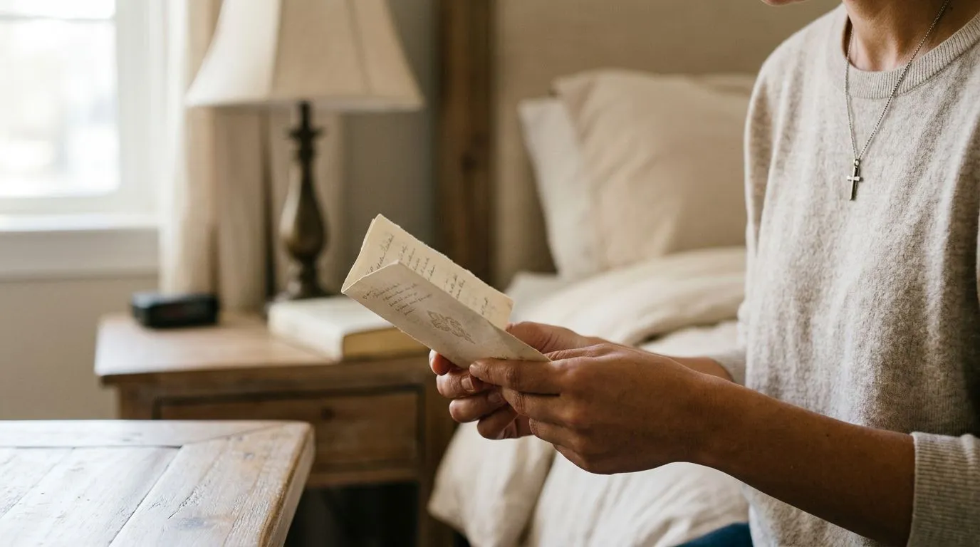 A calm bedside prayer moment with hands holding a notebook or prayer card.
