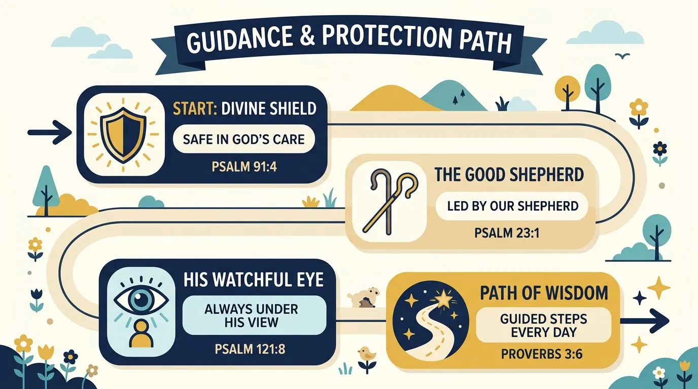 Infographic with brief scripture references for guidance and protection, icon-based sections, no brand logos.