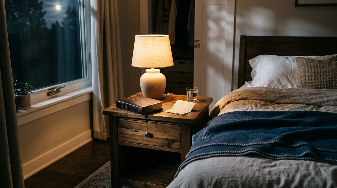 Warm nightstand scene with Bible and peaceful bedtime items.