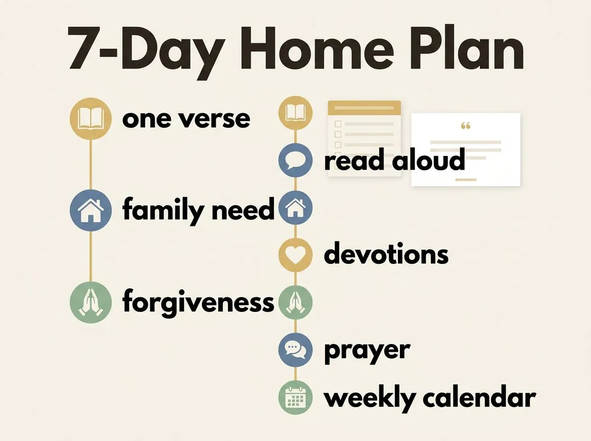 Infographic showing a 7-day plan to use Bible verses at home.