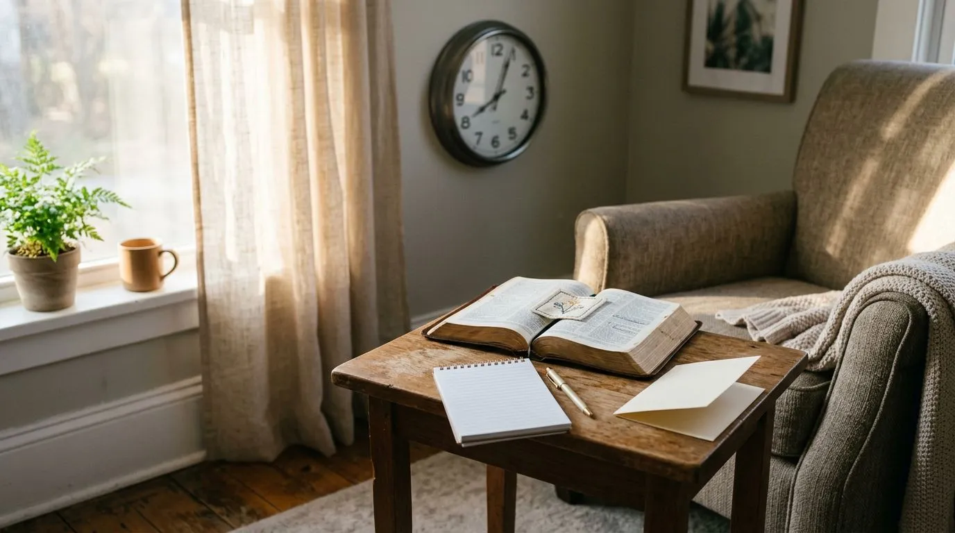 Peaceful Bible reading nook with an open Bible, blank notes, and soft morning light, no readable text.