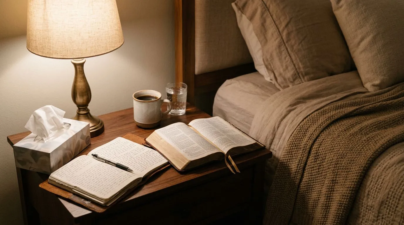 Bible open with a prayer journal and lamp light, helping you pray through anxiety and grief.
