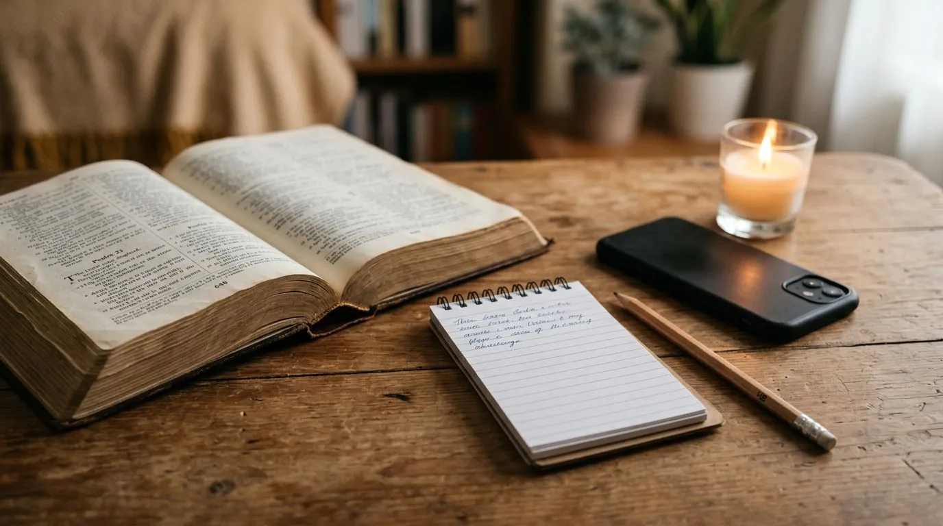 Open Bible beside a notepad and candle in a quiet prayer setting