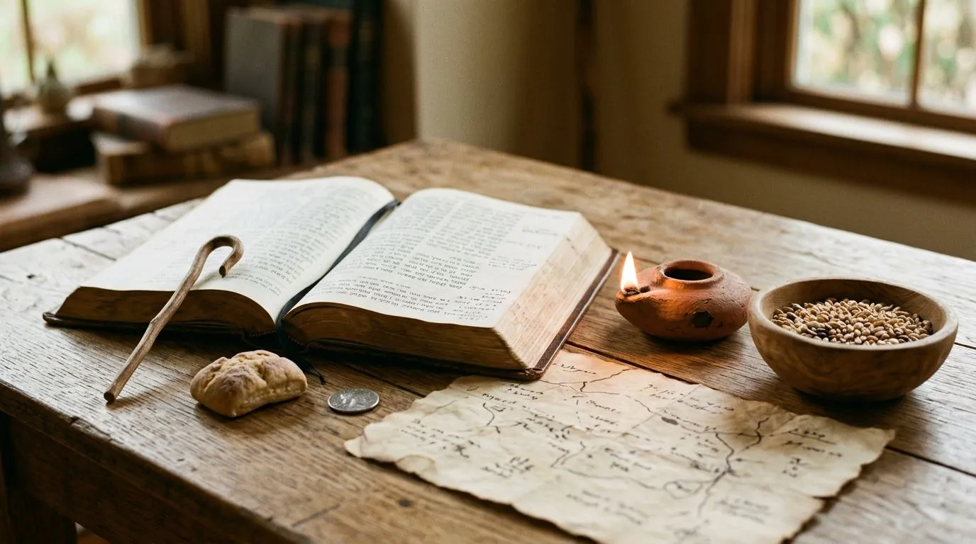 An open Bible with study props like seeds, bread, and a coin, presented as a realistic visual metaphor for Jesus’ parables.