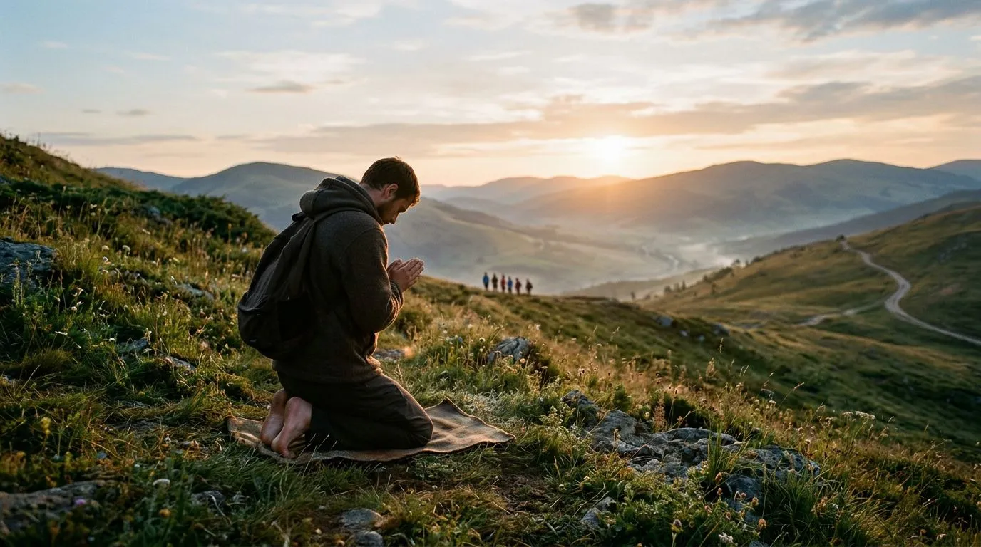 Hillside sunrise scene suggesting humble prayer rather than public performance.
