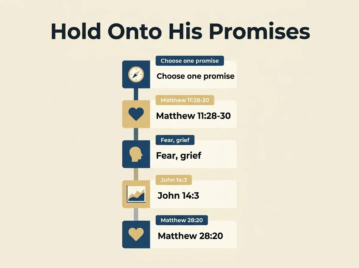 Infographic-style vertical steps for holding onto Jesus’ promises, with icons and short labels.