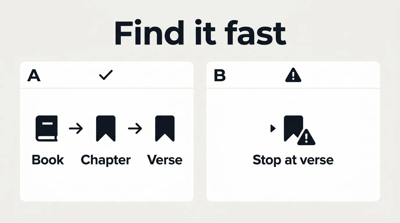 Comparison graphic showing correct and incorrect ways to locate a Bible passage by book, chapter, and verse.