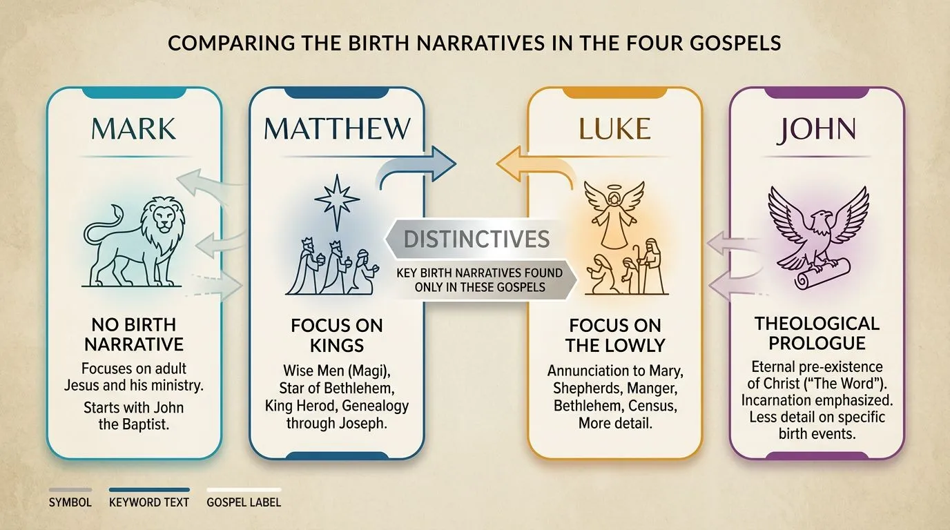 Infographic comparing how the four Gospels begin Jesus’ life