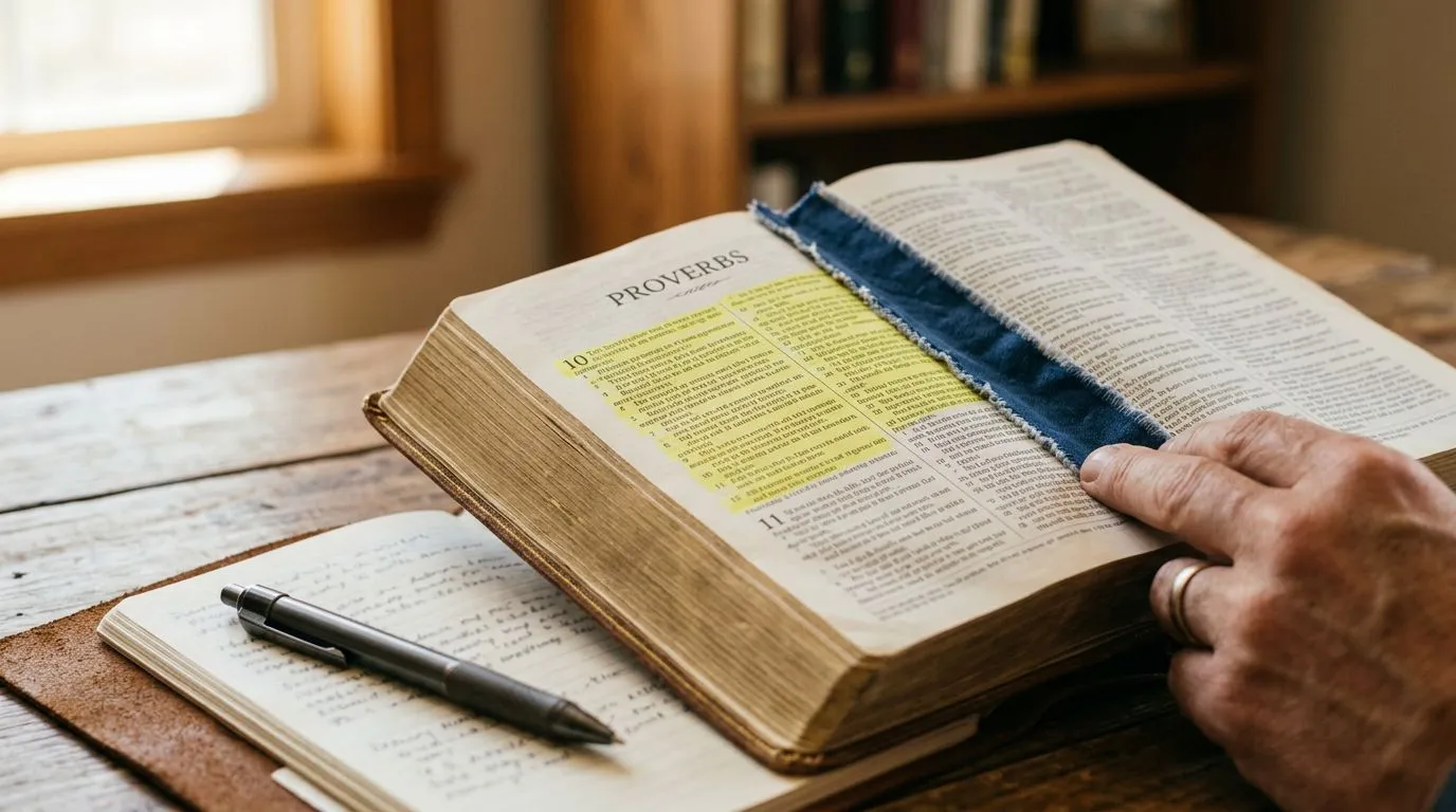 Close-up of an open Bible page with a bookmark, symbolizing Proverbs guidance for decisions.