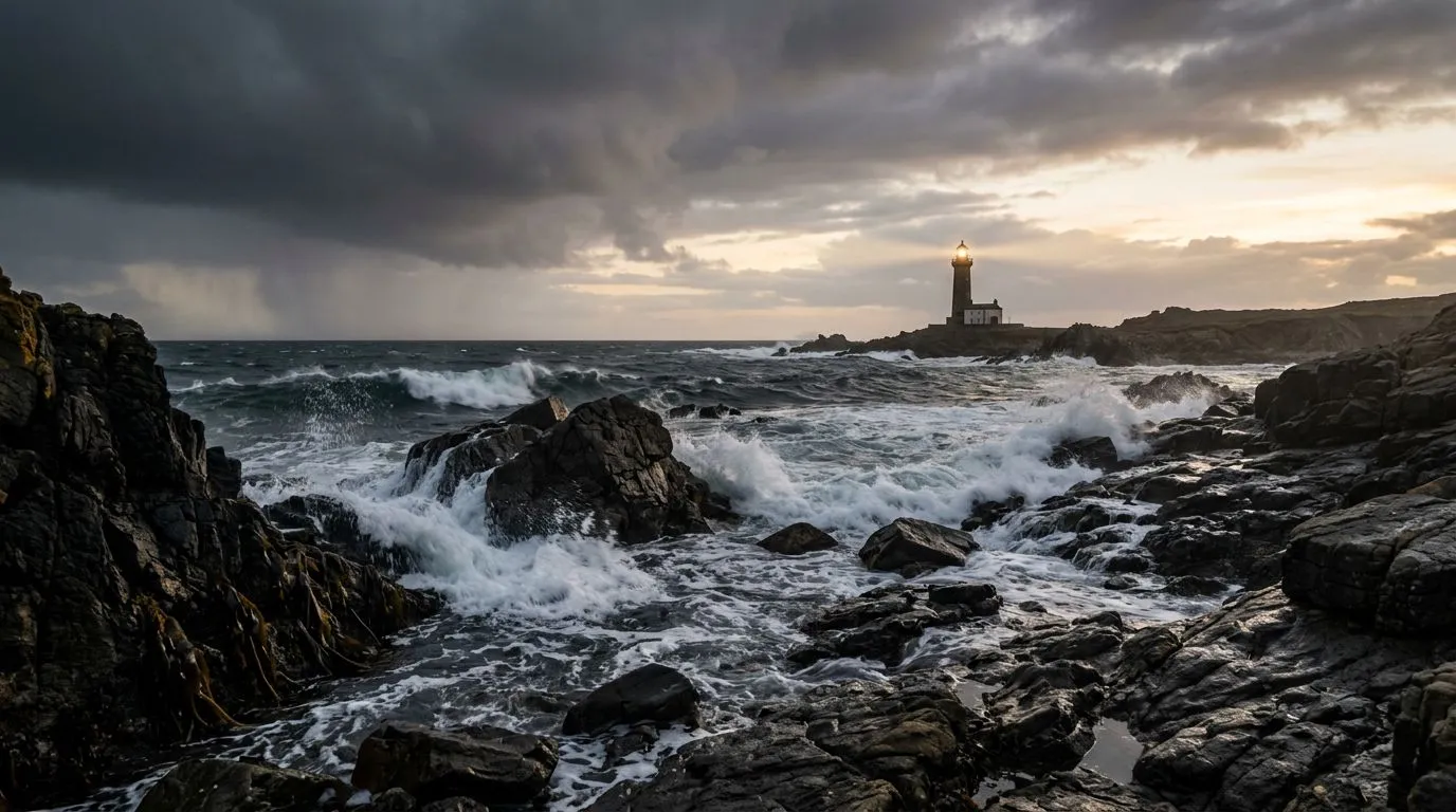A lighthouse stands steady as waves crash under storm clouds.