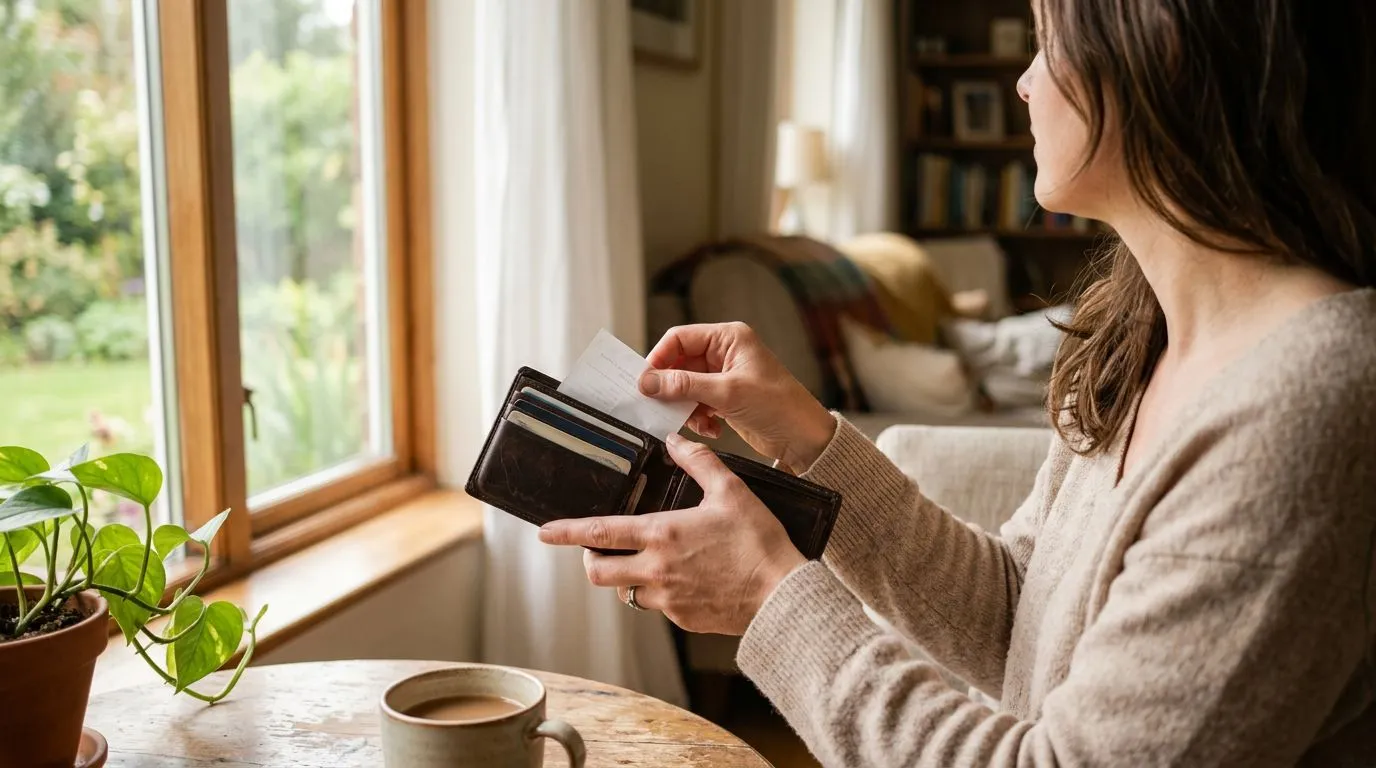 Hands placing a receipt into a wallet near a bright window, representing choosing trust over money worry for daily needs.