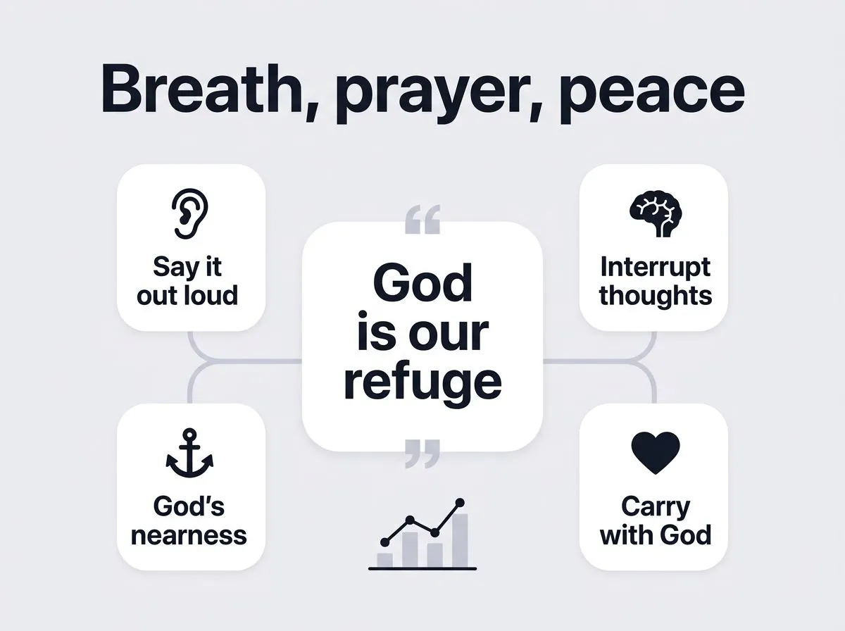 Infographic icons showing practical steps to use Psalm 46:1 for anxiety, fear, and grief.