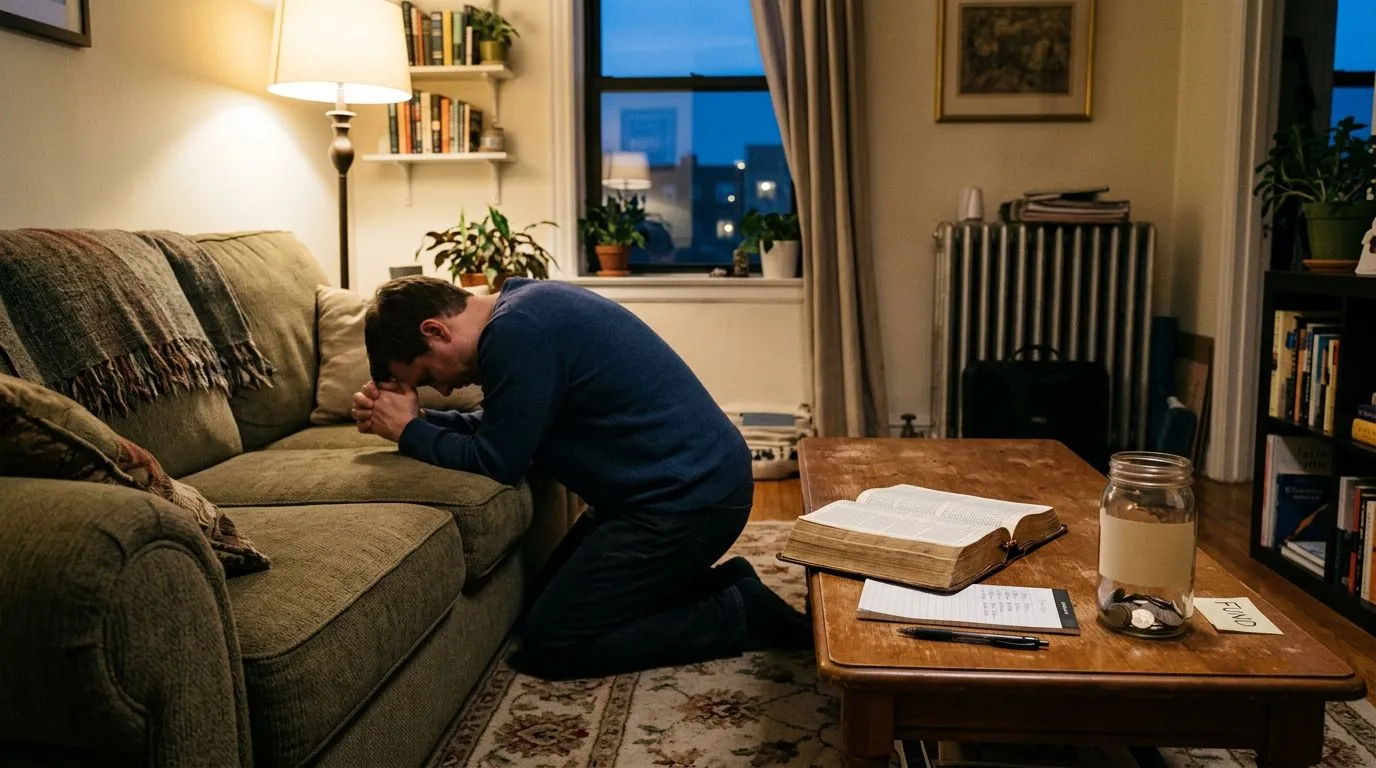 Person praying with an open Bible and practical household items like a grocery list, showing Scripture applied to real needs.